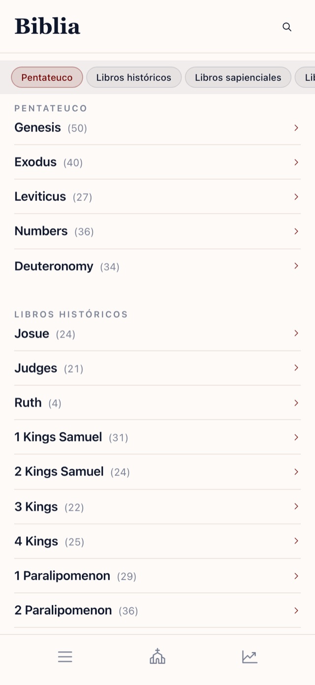El índice de la Biblia en la app Latin Prayer