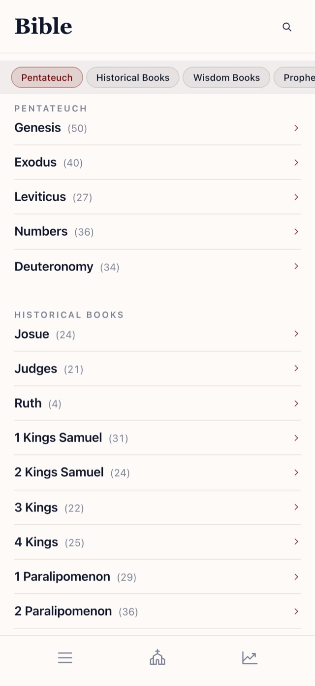 The Bible index in the Latin Prayer app