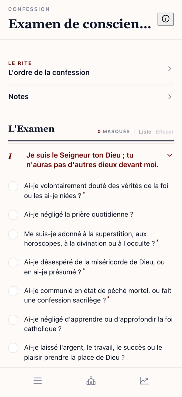 Examen de conscience dans l’application Latin Prayer