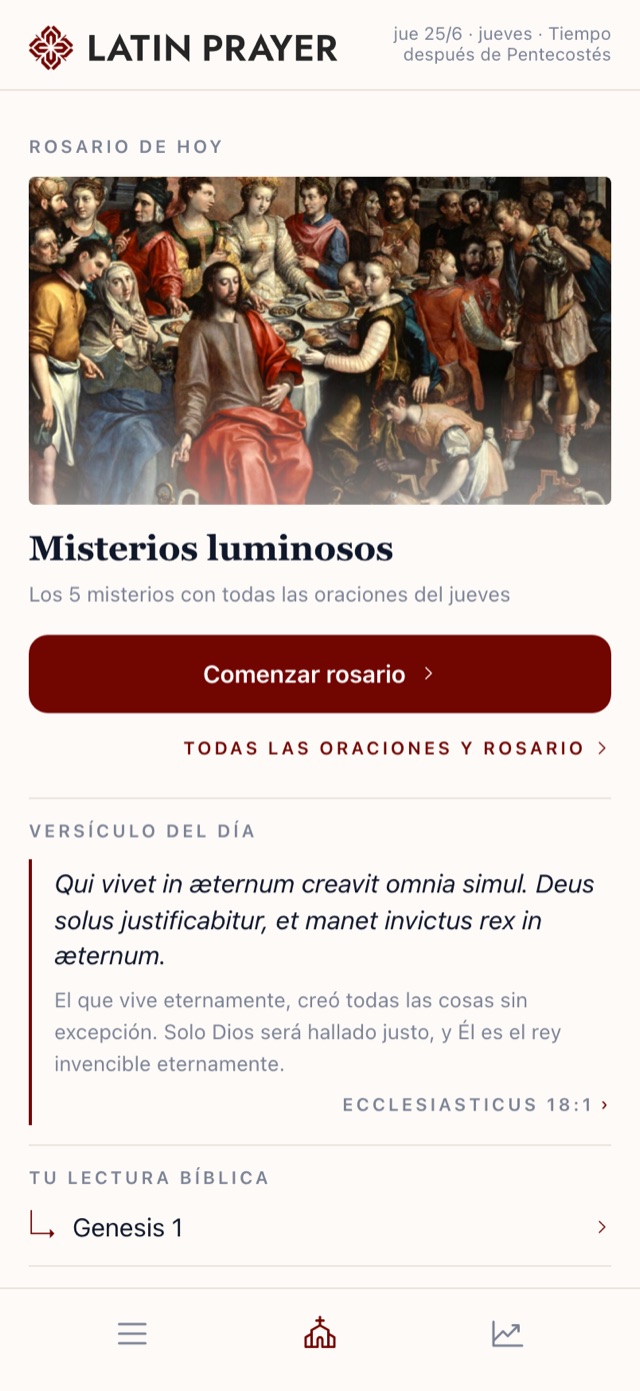 La pantalla de inicio de la app Latin Prayer