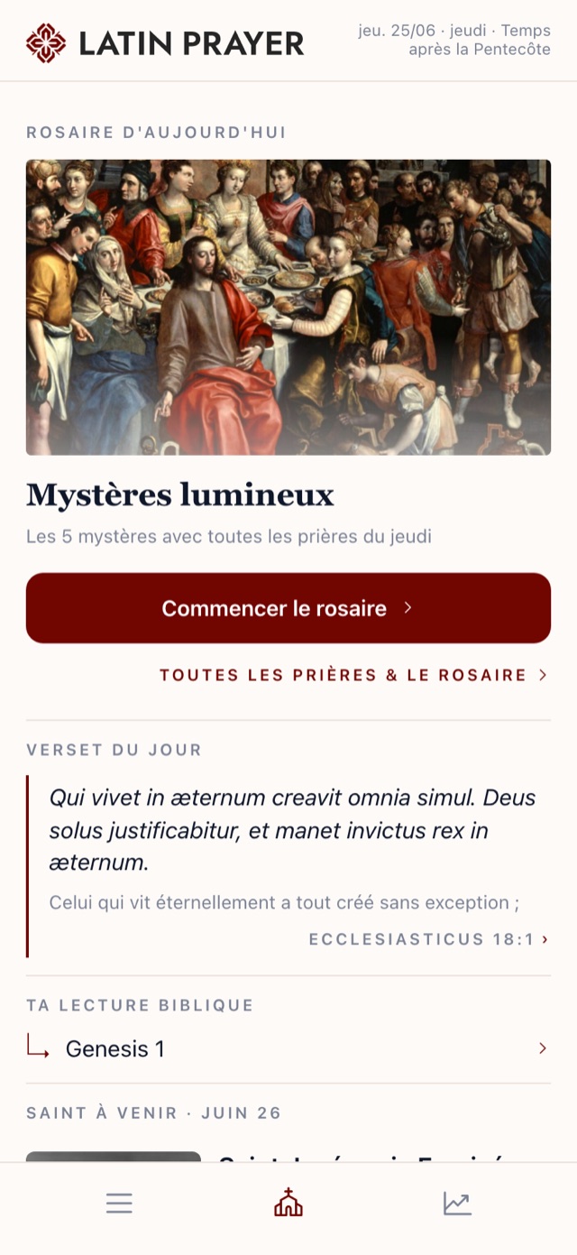 L’écran d’accueil de l’application Latin Prayer
