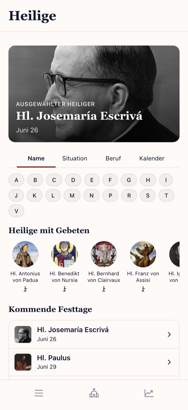 Das Heiligenverzeichnis in der Latin-Prayer-App