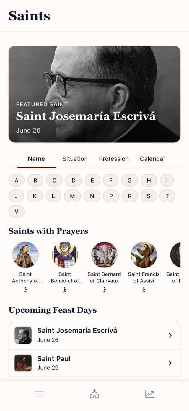 The Saints directory in the Latin Prayer app